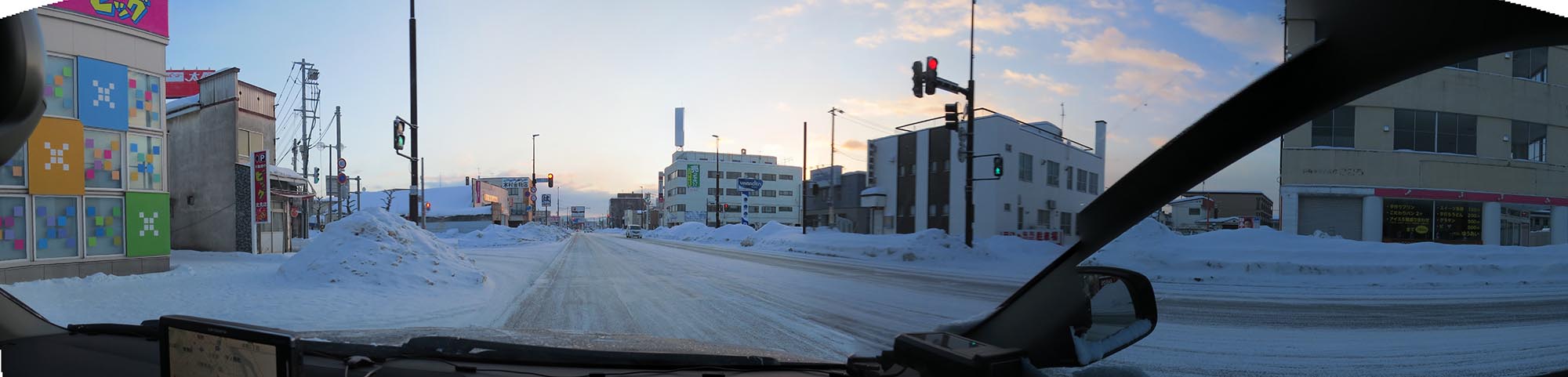今朝の北海道北見／パノラマ写真・国道39号の北４条通り交差点